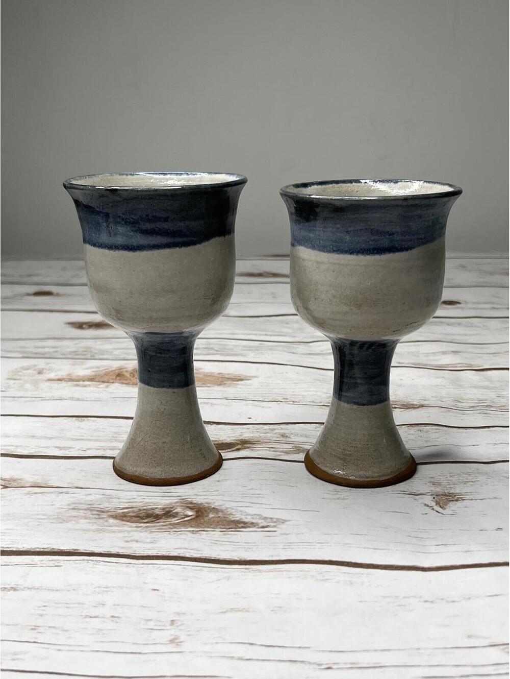 Set of 2‎ Handmade Ceramic Goblets with Blue and Gray Glaze